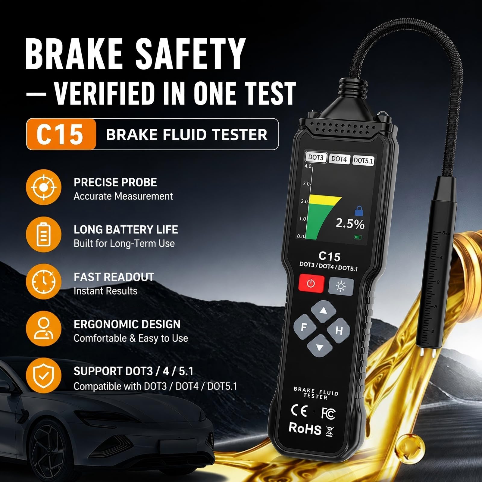 Tester per Freni per MG Cyberster 2025 | Rilevatore Liquido Freni Auto Schermo Digitale Diagnostica Qualità Olio Sonda Flessibile Analizzatore Strumento