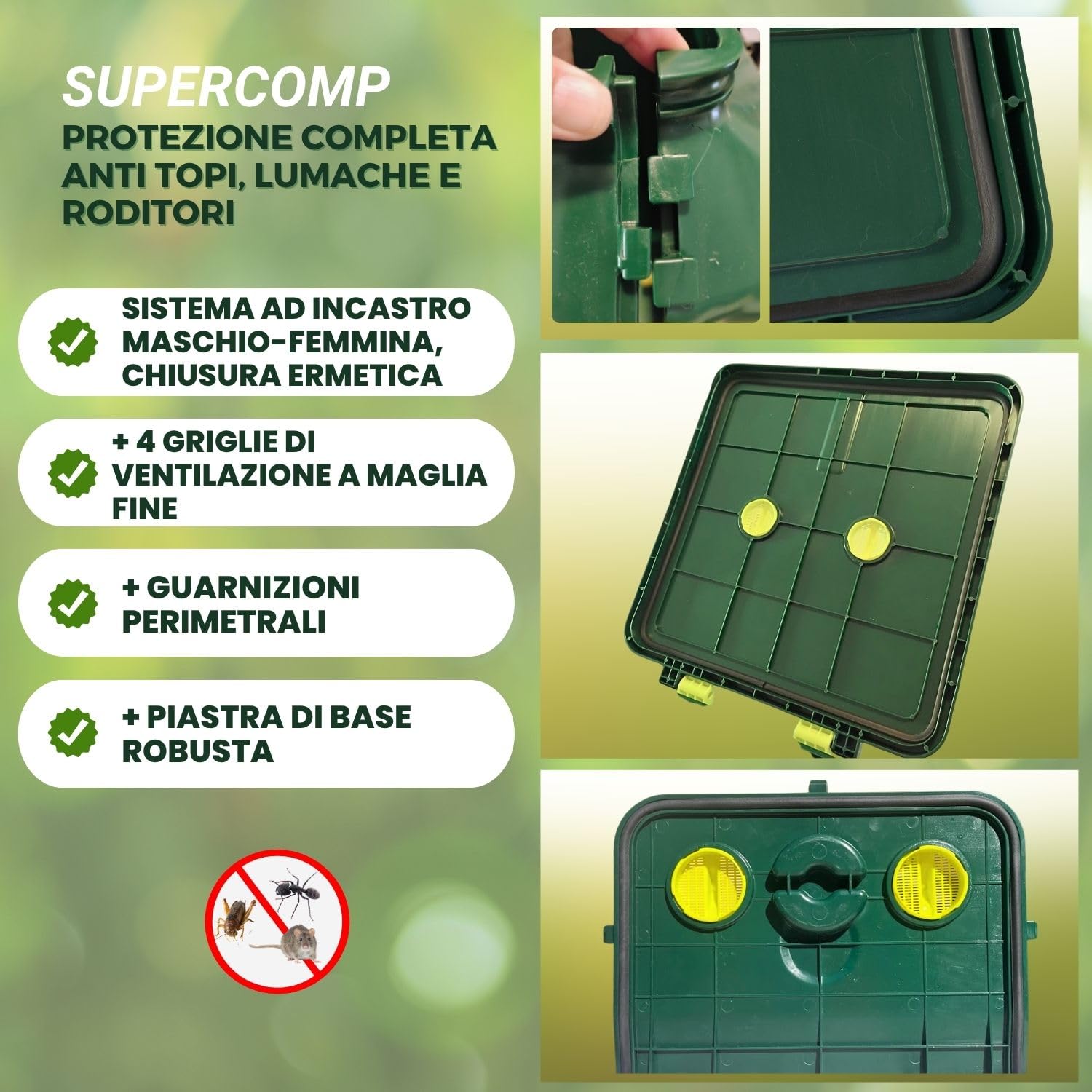 Compostiera 350Lt, Protezione Totale Anti-Roditori e Topi, Senza Cattivi Odori e rivoltamento compost, Aerazione Verticale, Resistente ai Raggi UV e al Gelo, Piano Base Incl.