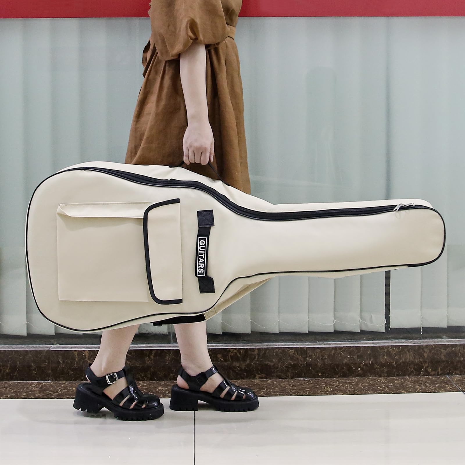 Housses pour Guitare Acoustique de 41 Pouces, Sac de Guitare Double bandoulière réglable Sac à Guitare Acoustique, étui de Concert à éponge éponge de 5 mm imperméable (Beige)