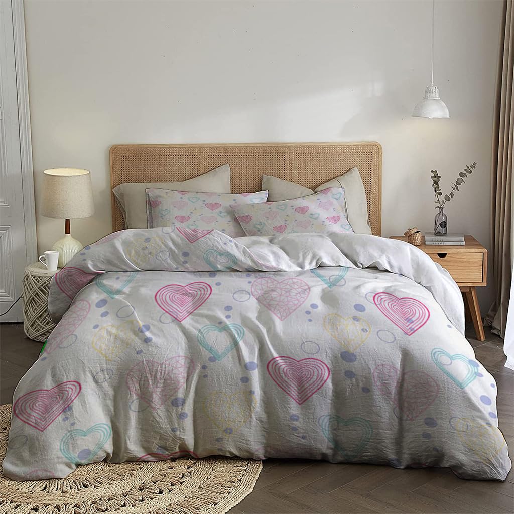 NIBAINLO 布団カバー白い背景に抽象的なハート模様 肌に優しい ピーチスキン加工 掛け布団カバー 和式 洋式 あったか 布団カバーセット リバーシブル ホームステイ ホテル 家庭兼用