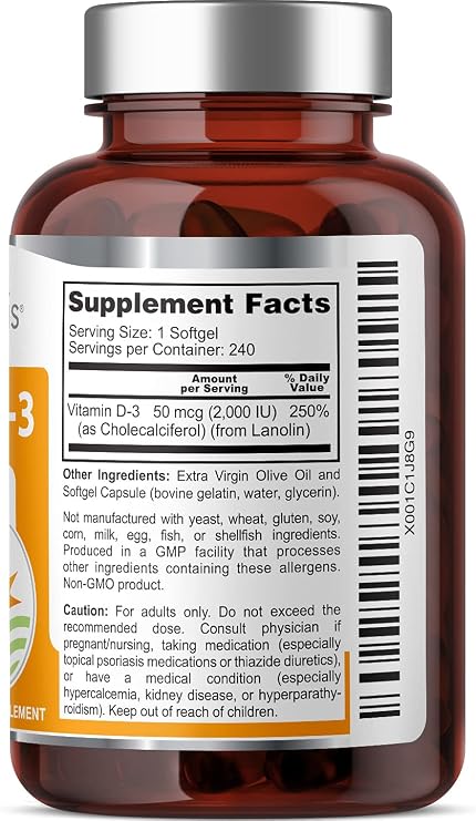 Vitamin D3 2000 IU 240 Softgels in Extra Virgin Olive Oil Non-GMO, Soy-Free Formula High Potency Vitamina D3 Supplement for Immune and Bone Support Easy to Swallow D3 2000 IU Softgels
