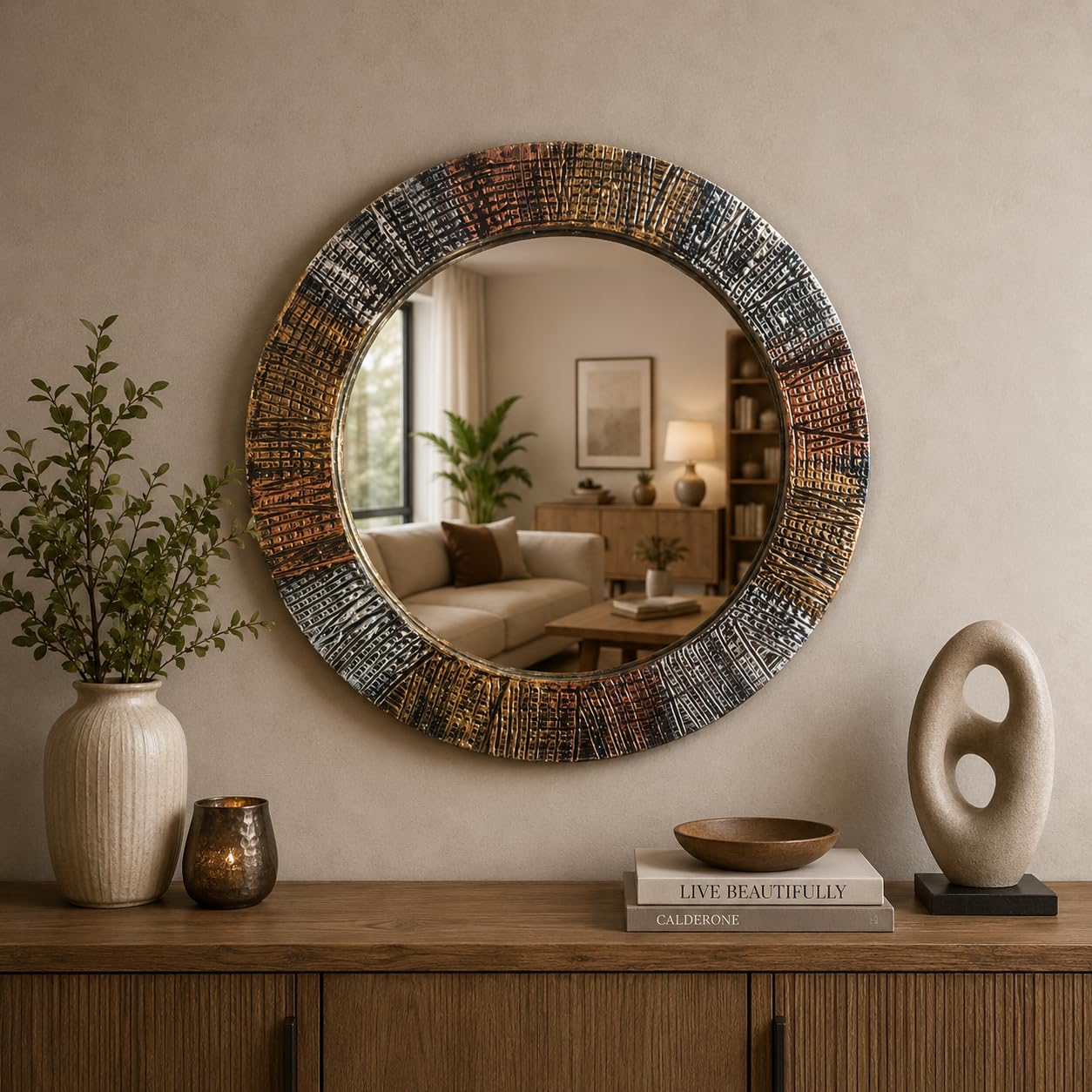 Handcrafted Round Wooden Wall Mirror with Sand Pop Textured Finish, Decorative Accent Mirror for Living Room, Bedroom, Entryway, Hallway, Bathroom, Rustic Modern Home Decor (24" Inches Round)-image-39