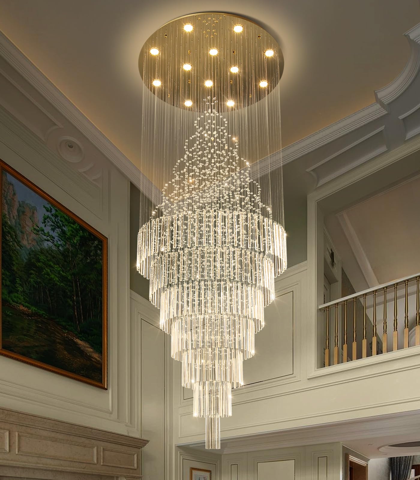 Photo 1 of HAIXIANG W32 x H120 Glam Chandelier with LED Bulbs Crystal Raindrop High Ceiling Pendant Light for Entrance Large Villa Chandelier Foyer Lighting Fixtures Gold