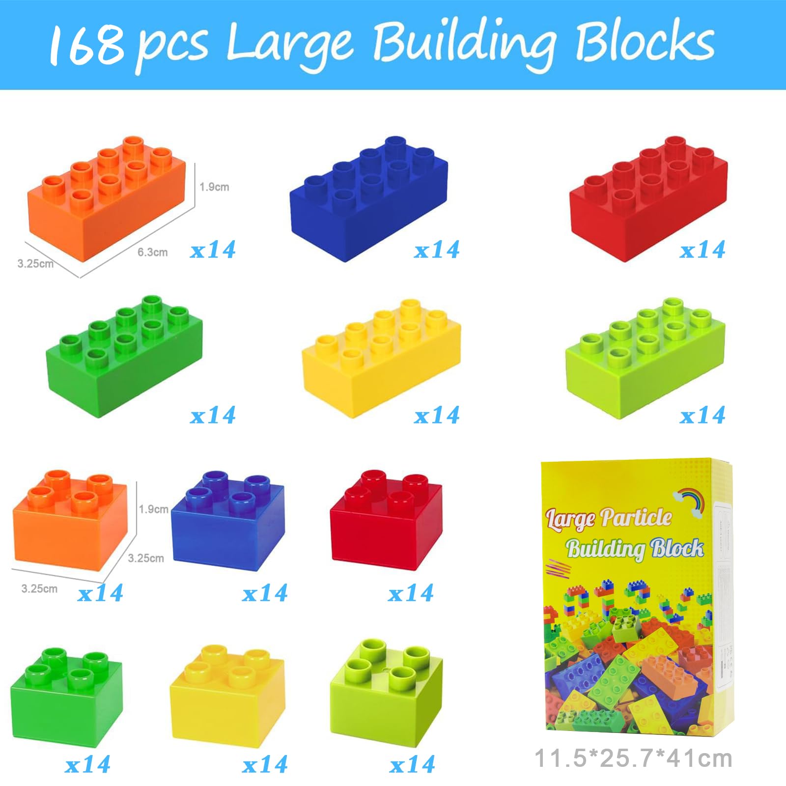 Grand jeu de construction, 60/108 pièces de briques en 6 couleurs et 2 dimensions, compatible avec Duplo et toutes les grandes marques, jouet idéal pour les enfants de 3 ans et plus. (168PCS) | Compatible avec Duplo et toutes les marques leaders, jouet id