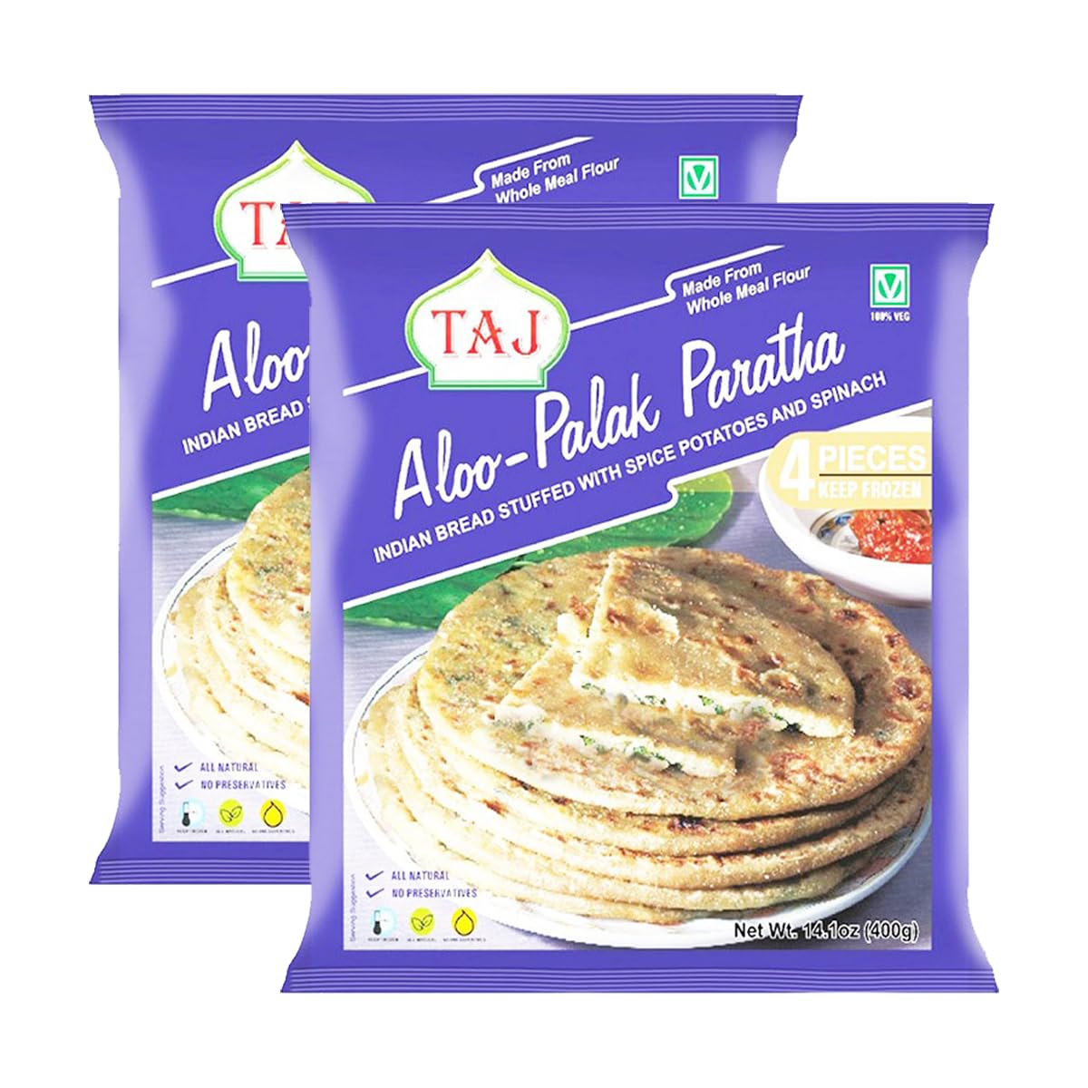Generic Taj Aloo-Palak Paratha, Made from whole meal flour, Indian bread stuffed with spice potatoes and spinach, All natural and No Preservatives, Indian origin, 400g (Pack of 2)