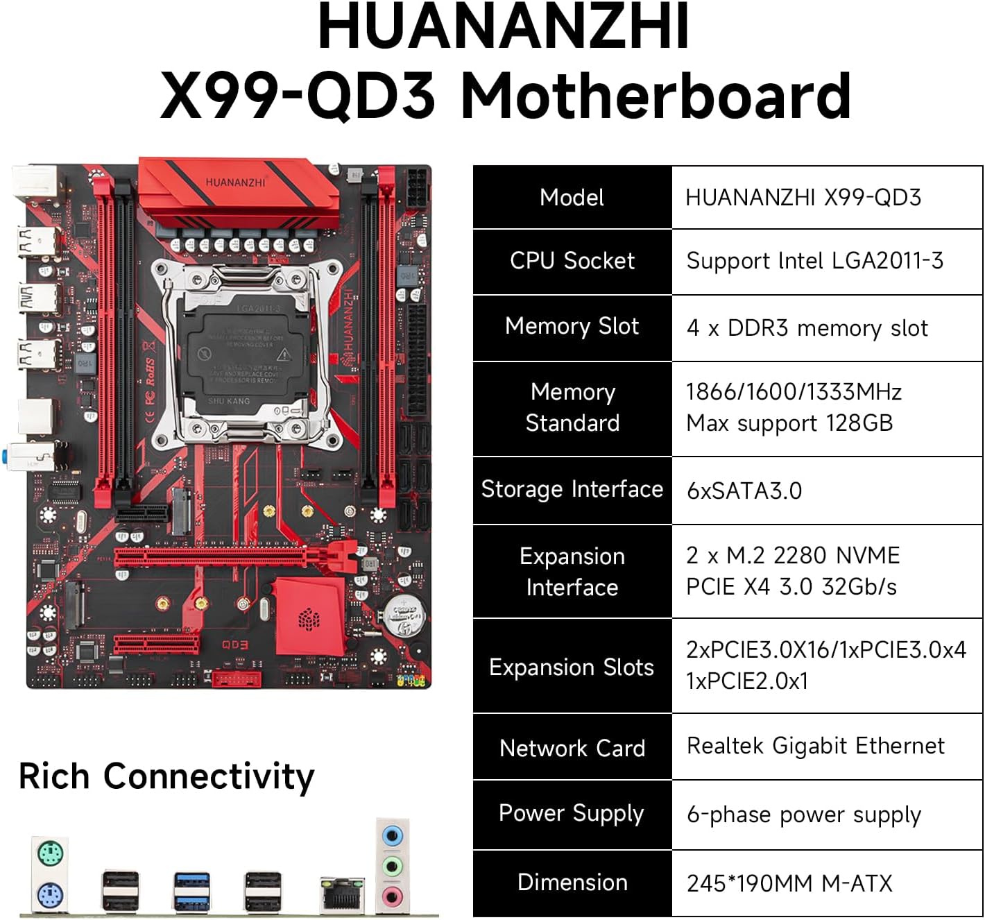 HUANANZHI X99-QD3 Motherboard with specifications table
