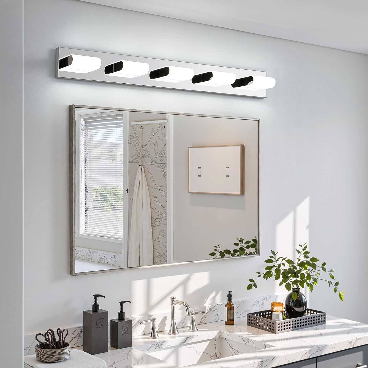 KDG LED Modern Bathroom Vanity Light Fixtures, 5 Lights Stainless Steels Silver 5000K Wall Lighting Over Mirror, Lights for Dressing Room, Bedroom, 37.4 inch