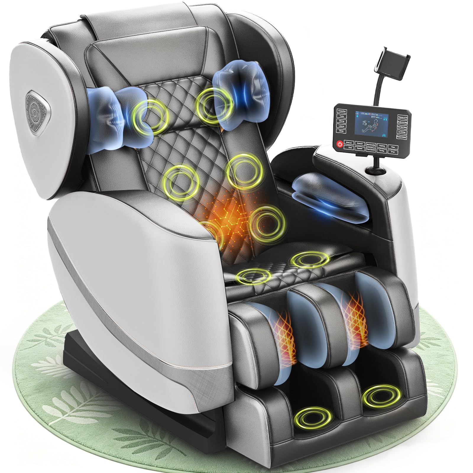 Massagesessel, Ganzkörper-Massagesessel mit Zero-Gravity, 14 Rollen und 8 Komfort-Airbags, Mit Heizfunktion für Taille und Beine Fußmassage, Bluetooth-Player und 2-in-1 Touchscreen (Hellgrau)