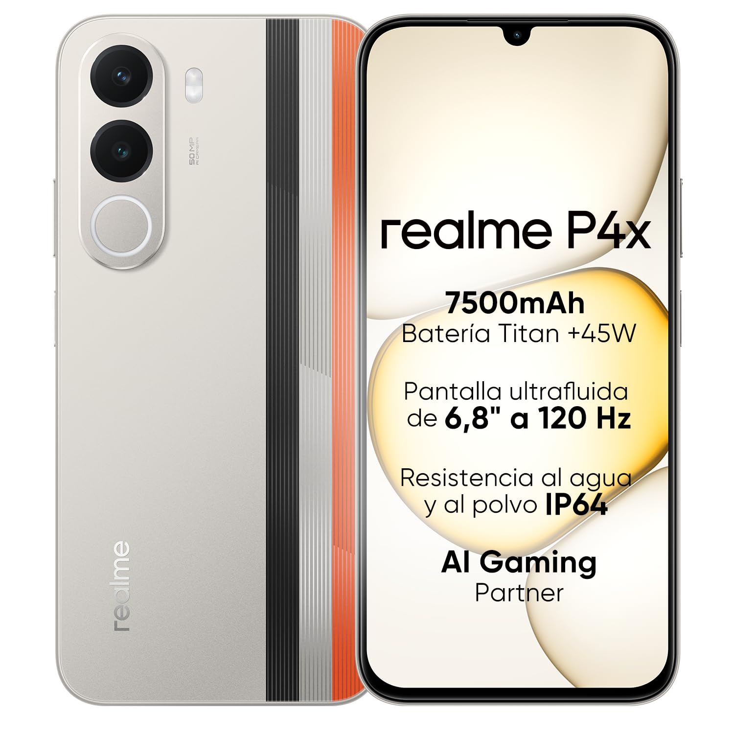 Smartphone realme P4X 4G, 4GB+128GB, Pantalla LCD 120Hz 6,8″, Batería Titan 7500mAh, Carga rápida 45W, Carga inversa 6W, Antichoque MIL-STD 810H, IP64, Sistema Next IA, Blanco Rally (Sin Cargador)