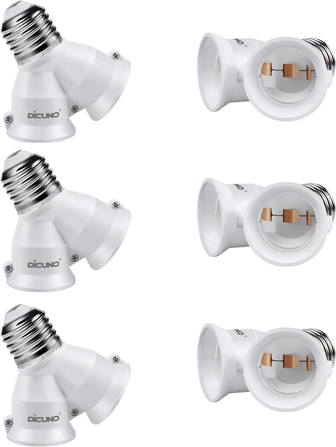 DiCUNO 2 in 1 E26 Socket Splitter Adapter, 2 E26 Standard Medium Base Bulbs in 1 Socket, Y-Shape Lamp Holder Converter, Maximum 200W and 165℃ Heat Resistant Light Bulb Splitter, 6-Pack