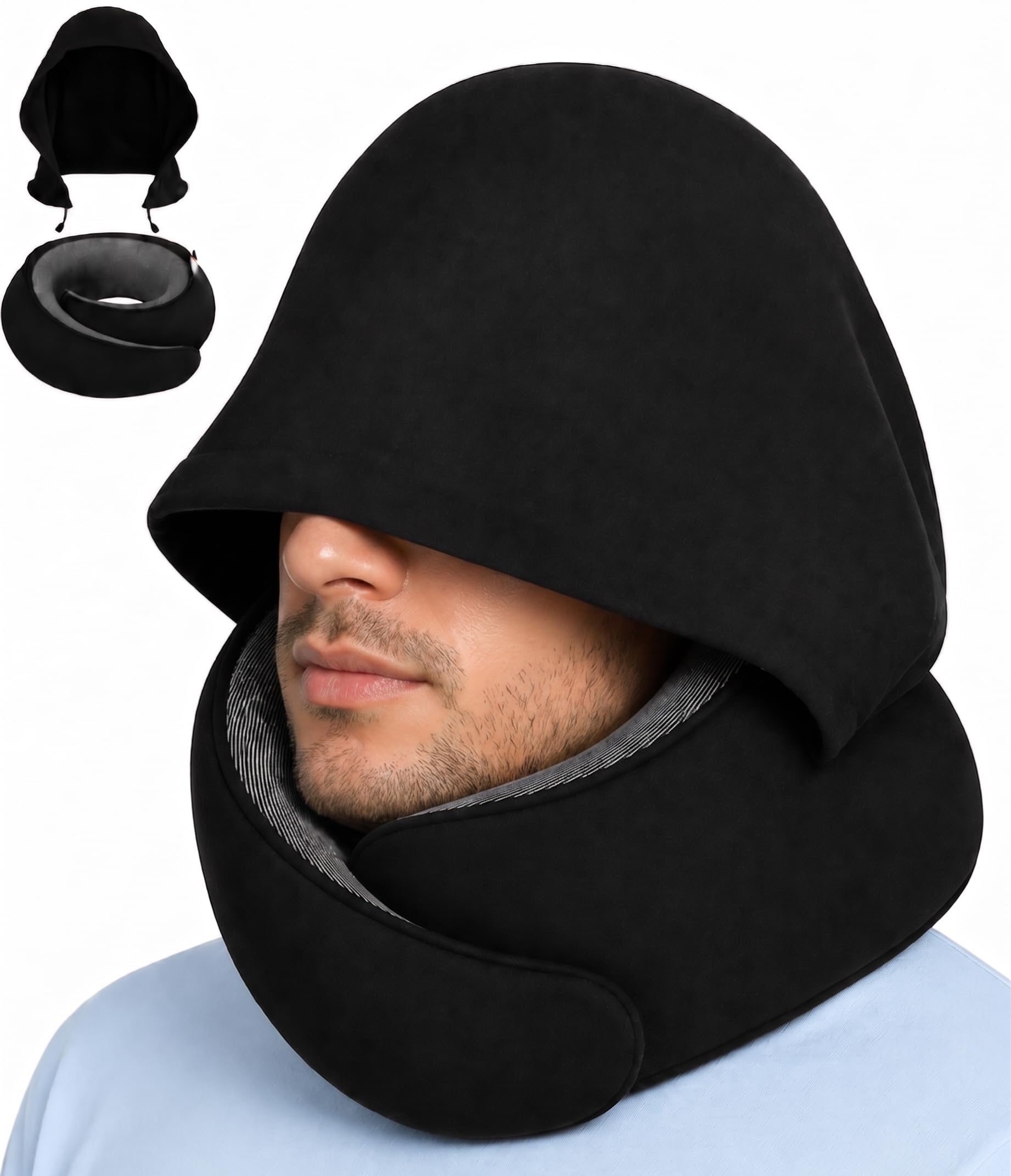 Dot&amp;Dot Travel Pillow Neck Pillow with Hood for Airplane Sleeping, Memory Foam Pillow with Chin Support, Detachable Hoodie, Washable Cover, Adjustable Velcro Fit for Flights, Car &amp; Office