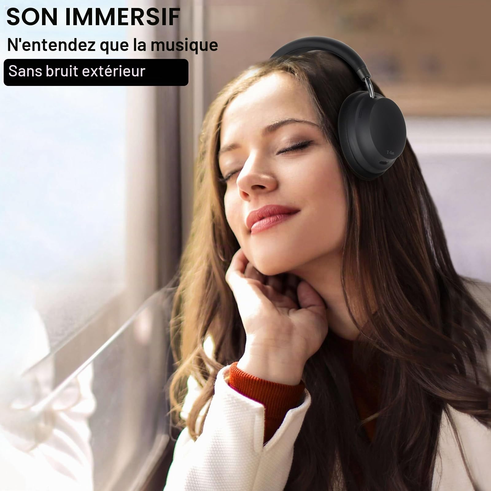 T-fun NC45 Casque sans Fil à Réduction de Bruit Active,Faible Latence, Bluetooth 5.3,égaliseur Personnalisé Via Application, 55 Heures pour Les Voyages/Le Travail
