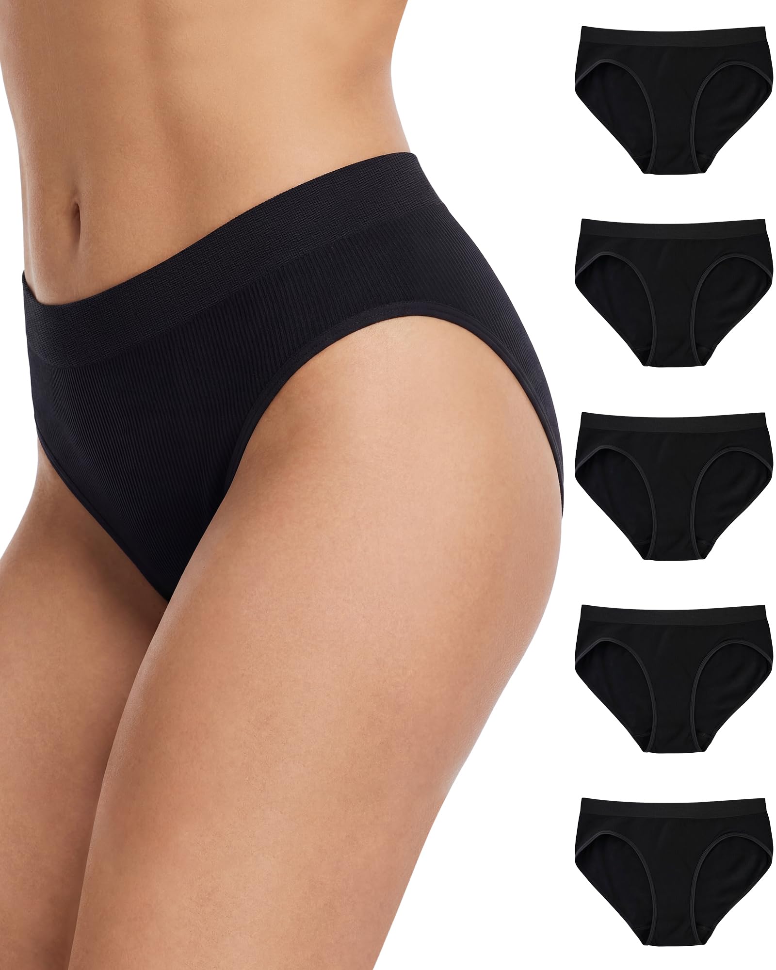 Women's Hi Cut Seamless Ribbed Underwear, Mid Rise Full Coverage Soft Nylon Panties, 5 Pack