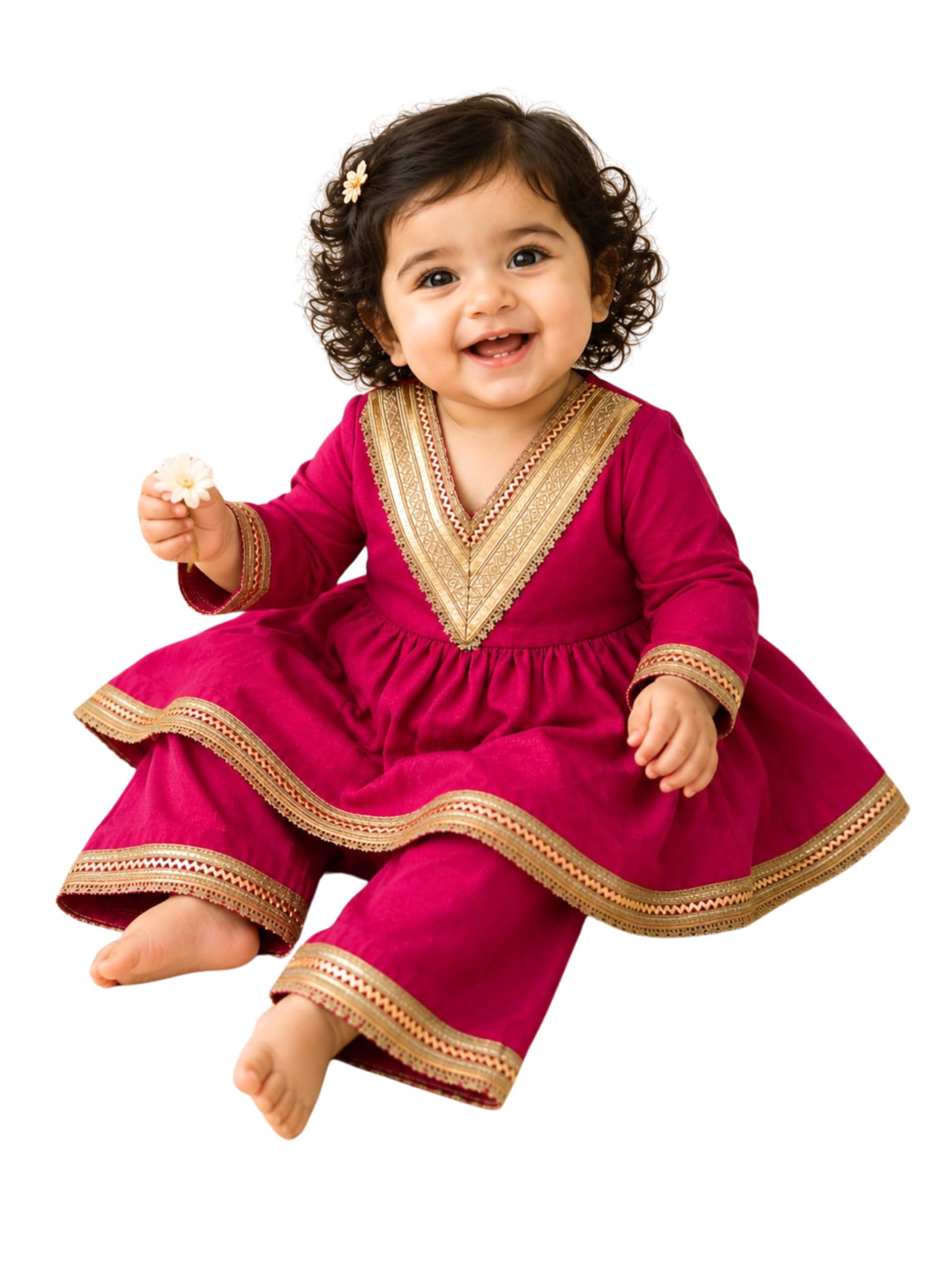 Baby Girls Kurti Palazzo Set | Ethnic Wear for Girls | Long Sleeve V-Neck Embroidered Kurta with Palazzo Pants | Festival, Wedding, traditional function | 9-12 Months to 8 Years | (Hot pink)-image-14