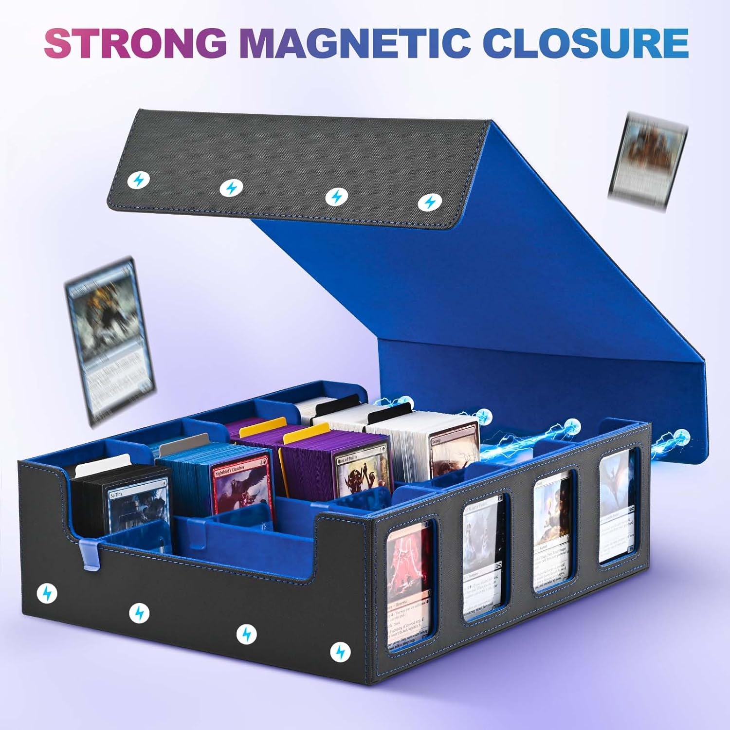 Trading Card Storage Box with Commander Display; 2400+ Deck Box for MTG with Removable Cover; Top Loaders Card Case fits Magic TCG PTCG Sports Cards; 24 Dividers, 4 Stoppers (Black, Blue)