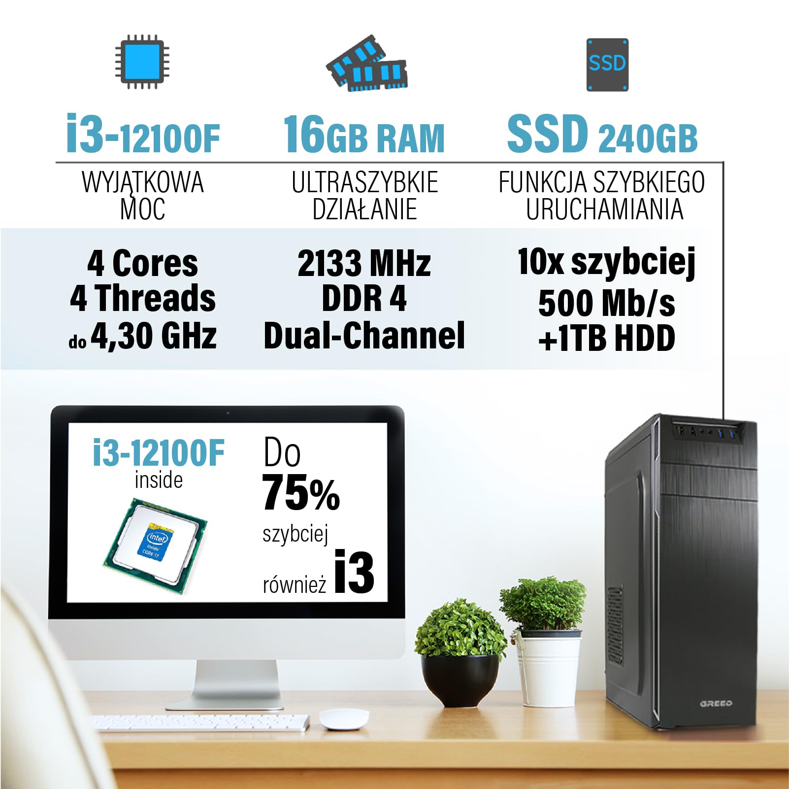 GREED® Intel Core 12th Multimedia PC - komputer stacjonarny do biura i domu szybki Maszyna 4,3 GHz, 16 GB pamięci RAM, 240 GB SSD + 1 TB - DVD+RW - USB3.0, WLAN, w zestawie z systemem Windows 11 Pro