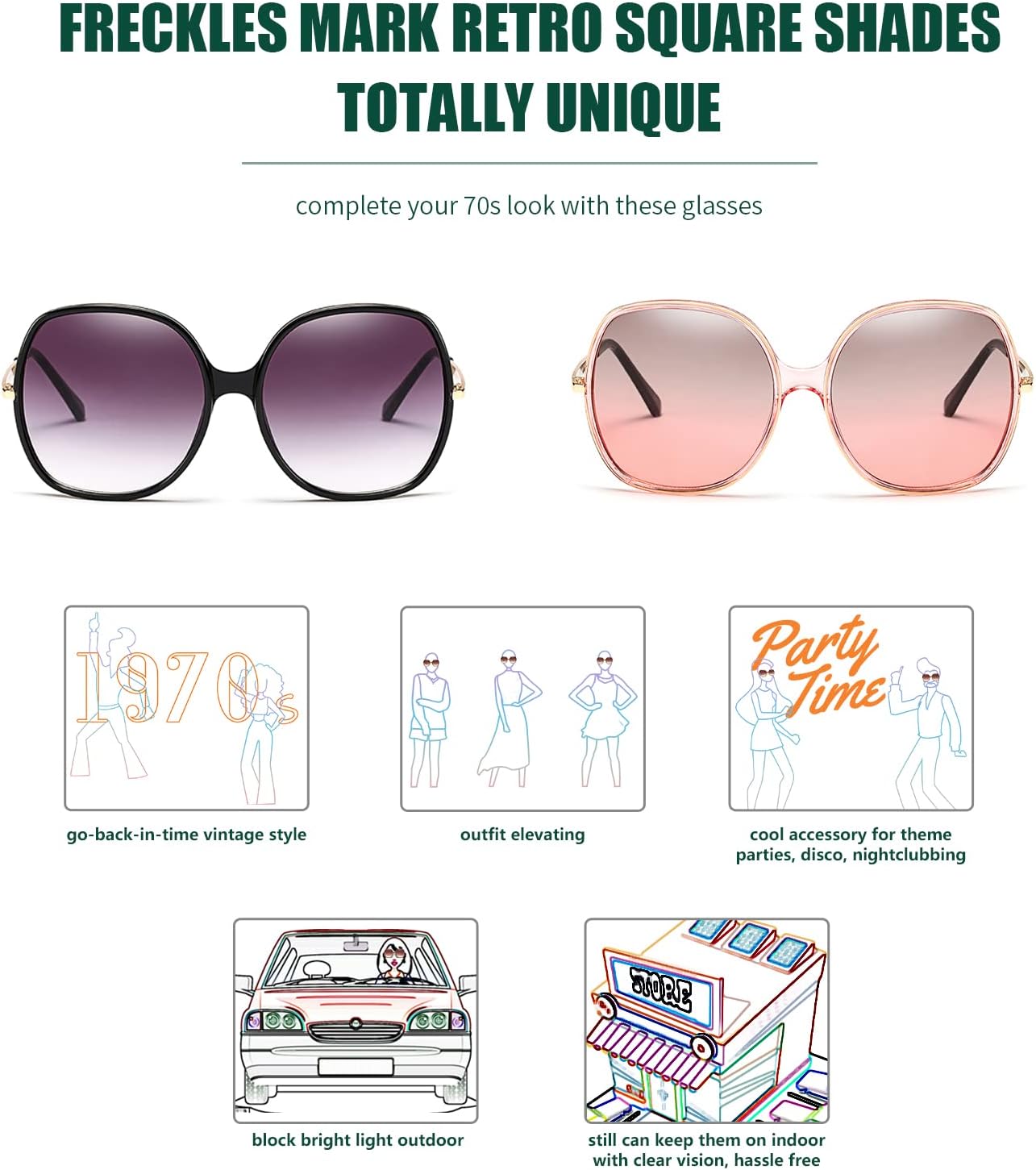 Freckles Mark 70s Super Oversize Square Sunglasses for Women Vintage Rectangular Plastic Frame - Image 4