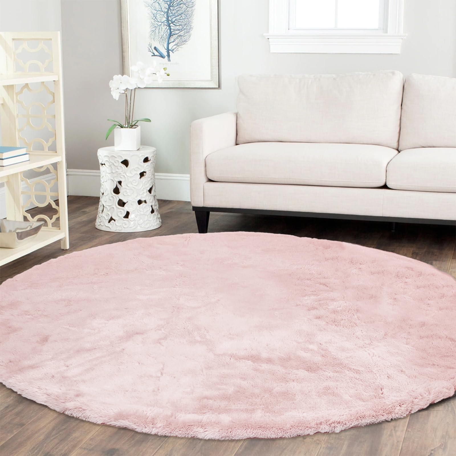 Latepis Soft Pink Round Rugs 6ft for Living Room Non-Slip Circle Faux Rabbit Fur Rug for Bedroom Washable Furry Rug for Nursery Floor Kids Room and