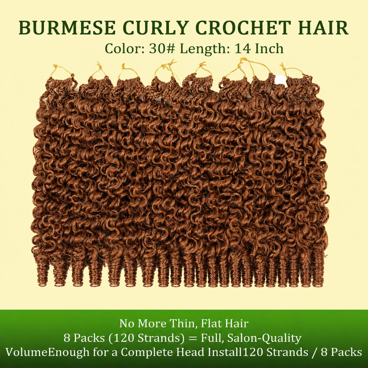 New Burmese Curly Crochet Hair Medium Auburn Pre-Looped 14 Inch 8 packs,K-ThermSilk Fiber Soft Like Human Hair,Curly Crochet Braids Extensions for Black Women (14 Inch, 30#)
