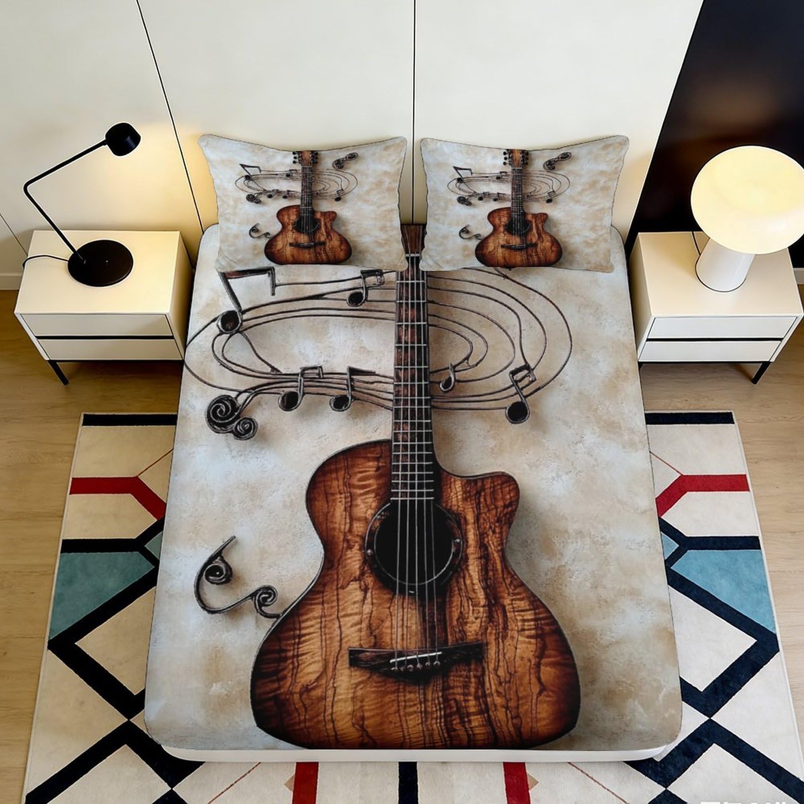 3D Printed Guitar Music Note Fitted Sheet Microfiber Brown Bed Cover for Bedroom Guest Room Dorm Mattress Decor 90x200x25cm