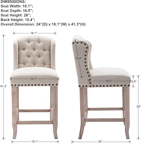 Miniatura 9 de DUOMAY Juego de 2 taburetes de bar modernos capitonados, sillas de bar de altura de mostrador de 26 pulgadas con respaldo, sillas de isla de cocina