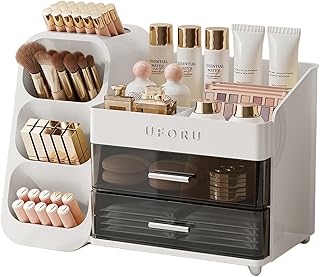 UFORU Makeup Organizer for Vanity with Brush Holder, Countertop Skincare Organizer with 2 Drawers, Spacious Cosmetic Displ...