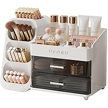Makeup Organizer for Vanity with Brush Holder, Countertop Skincare Organizer with 2 Drawers, Spacious Cosmetic Display Case for Perfumes, Eyeshadow Palettes, Nail Polishes