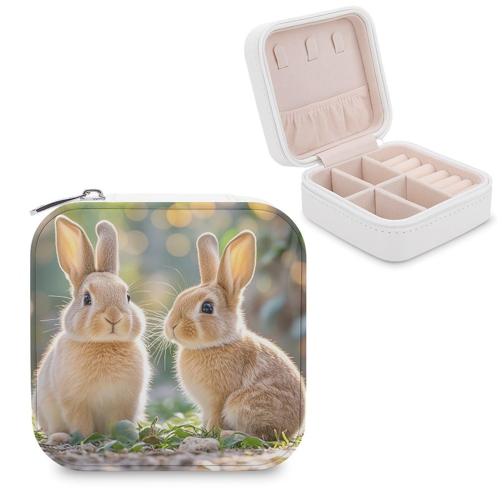 LZQPOEAS Two Little Cute Rabbits Jewelry Box Mini Jewelry Travel Case Trendy Stuff Ring Box Custom PU Leather Jewelry Boxes Portable Jewelry Case Earring Storage Organizer for Girls Women