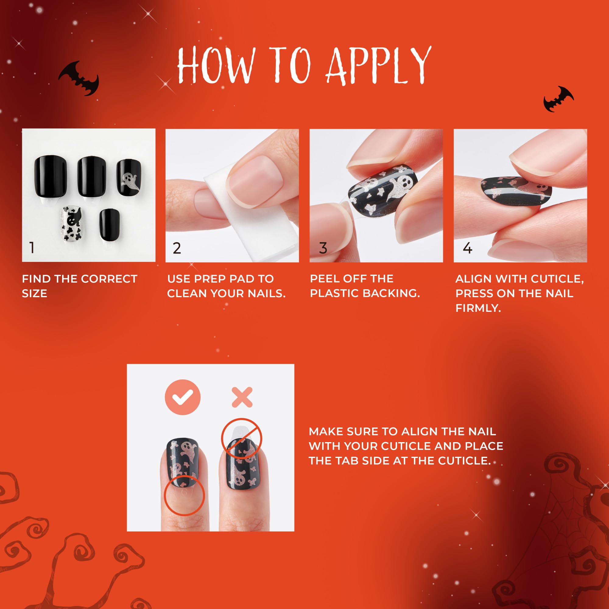 Condition photo showing New/Like New for kiss impress halloween press on nails, ‘the creeps’, multicolored, medium oval, glossy finish, no glue, glow-in-the-dark, includes prep pad, mini nail file, manicure stick & 30 fake nails