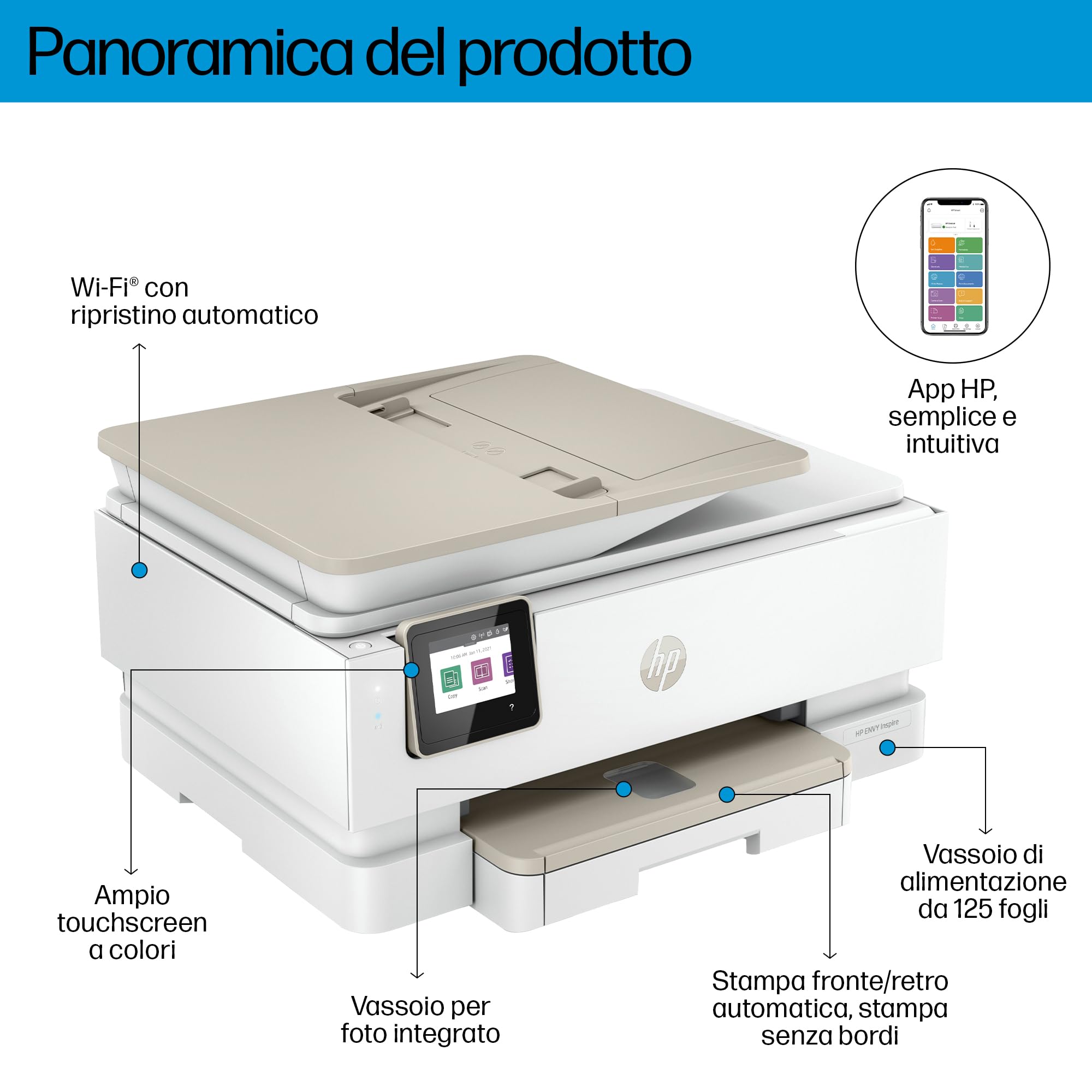 HP Envy Inspire 7924e 349W0B, Stampante Multifunzione a Getto d'Inchiostro A4 a Colori, Fronte/Retro Automatico, 22 ppm, Wi-Fi, Smart, 3 mesi di Instant Ink inclusi, Tortora