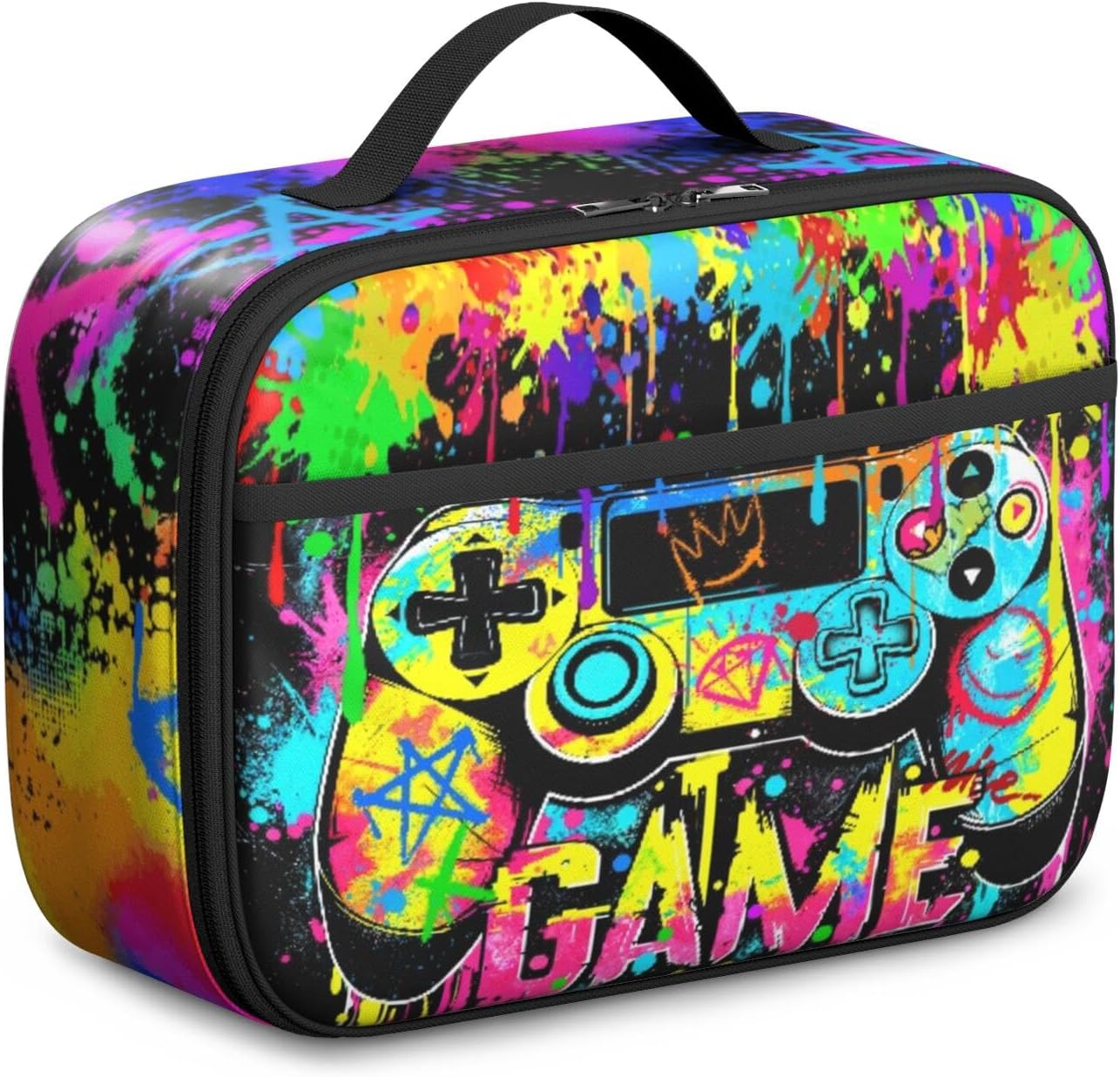 Red Blue Game Lunch Box Bag - Insulated Lunch Box for Boys Girls Kids, Zippered Portable School Lunch Container, Gaming Themed Cooler Lunchbox Bag with Handle for Kids Travel Picnic School