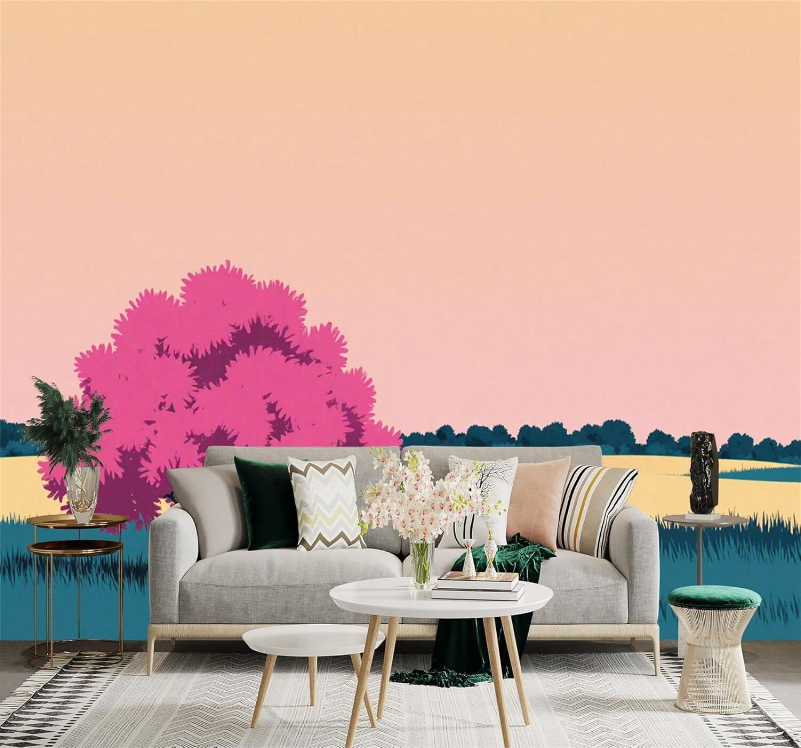 XLMING Pink Trees Fields Sunset Sky Picturesque Scenery 3D Wallpaper Silky Texture Home Study Office Grey Dining Room Sofa Bedroom Living Room TV Backdrop-350cm×256cm