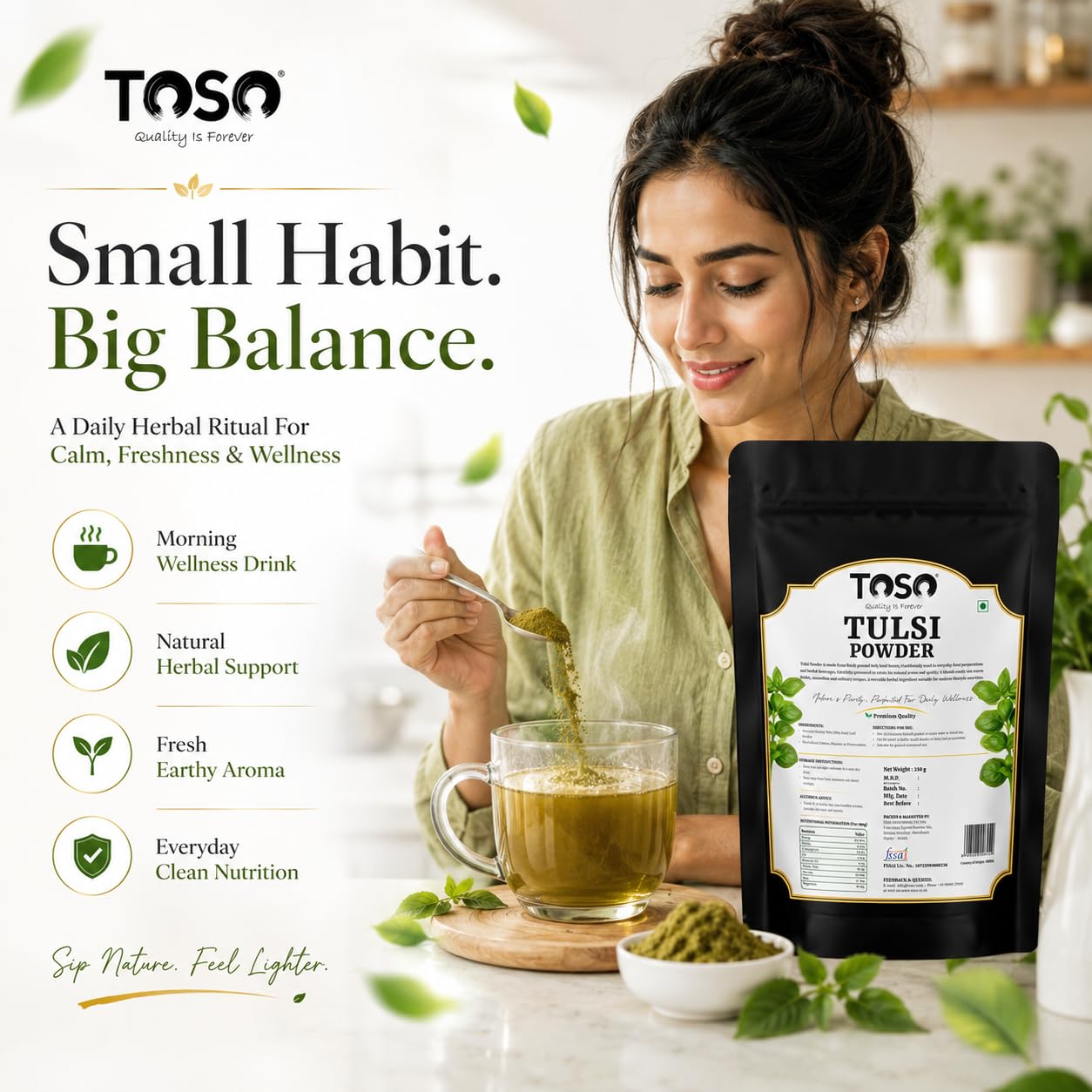 TOSO 100% Pure Tulsi Powder 250g | Fine Ground Holy Basil Leaf Herbal Tea & Kadha Supplement | High Immunity & Cold Care | Pure Organic Ocimum Sanctum Leaves Powder | Pack of 1 — Amazon image 3