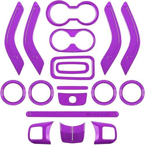 E-cowlboy 18 PCS Full Set Interior Decoration Trim Kit Steering Wheel Center Console Door Handle Air Conditioning Vent Cup Holder Gear Cover Trim for Jeep Wrangler JK JKU 2011-2018 4-Door (Purple)