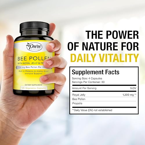 Miniatura 5 de Pure By Nature Suplemento de polen de abeja con propóleo y jalea real para apoyo inmunológico, propiedades antioxidantes, 120 cápsulas vegetarianas