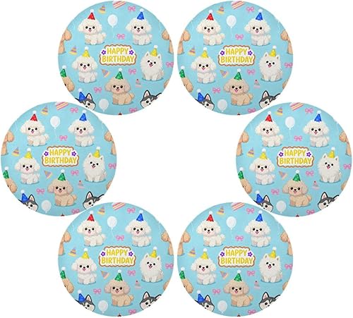 Happy Birthday Cute Dog Round Natural placemats Linen Waterproof Place mat individuales para mesa de comedor redondos 15.4x15.4in Set of 6