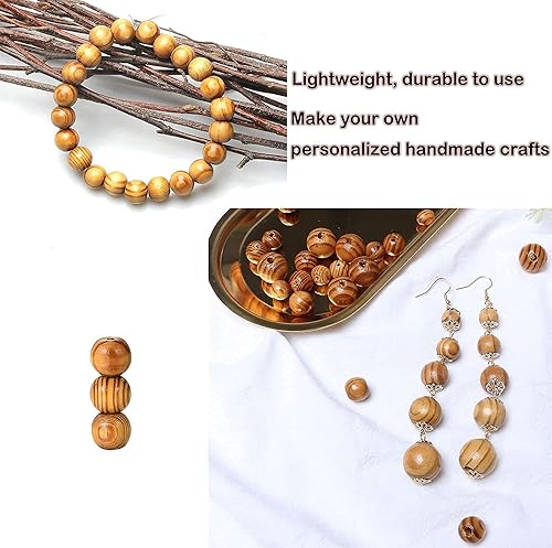 Miniatura 7 de 300 cuentas de madera de 0.472 pulgadas (0.472 in), cuentas de madera redondas naturales a rayas, color marrón claro, cuentas espaciadoras sueltas