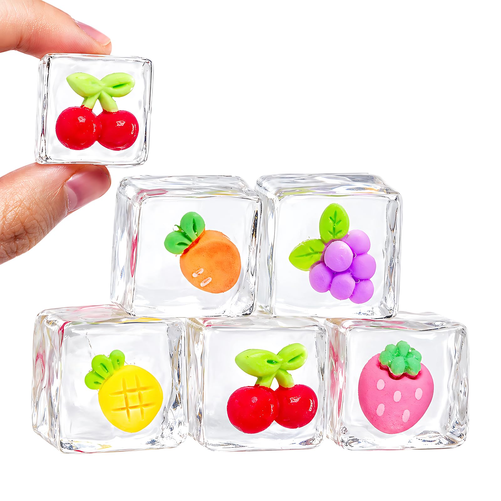 5Pcs Fruit Squishy, Ice Cube Squishy Set, Squishy Cubes for Desk, Strawberry, Grape, Cherry, Carrot and Pineapple Designs, Soft Squeeze Items