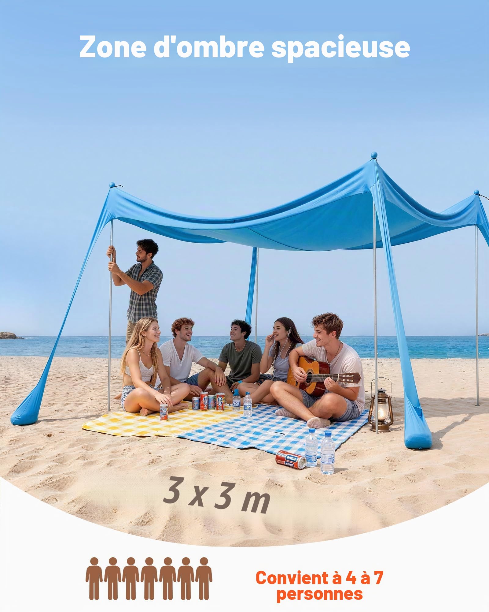 VEVOR Tente de Plage de 3x3x2 m, Abri Soleil UPF50+, Pare-Soleil Extérieur pour Plage Parc Camping et Pêche, Auvent de Protection UV avec 4 Sacs de Sable, Poteaux de Soutien et Pelles à Sable, Bleu
