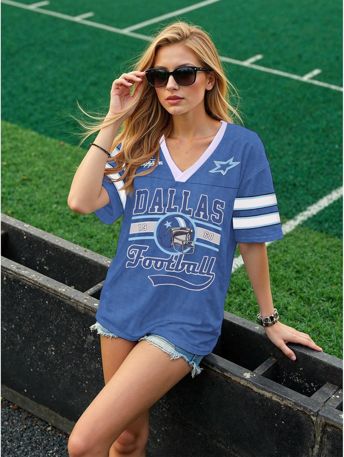 Football Jersey Shirt for Women Game Day T-Shirt Football Season V Neck Baggy Tee Y2k Streetwear Short Sleeve Tops - Image 2