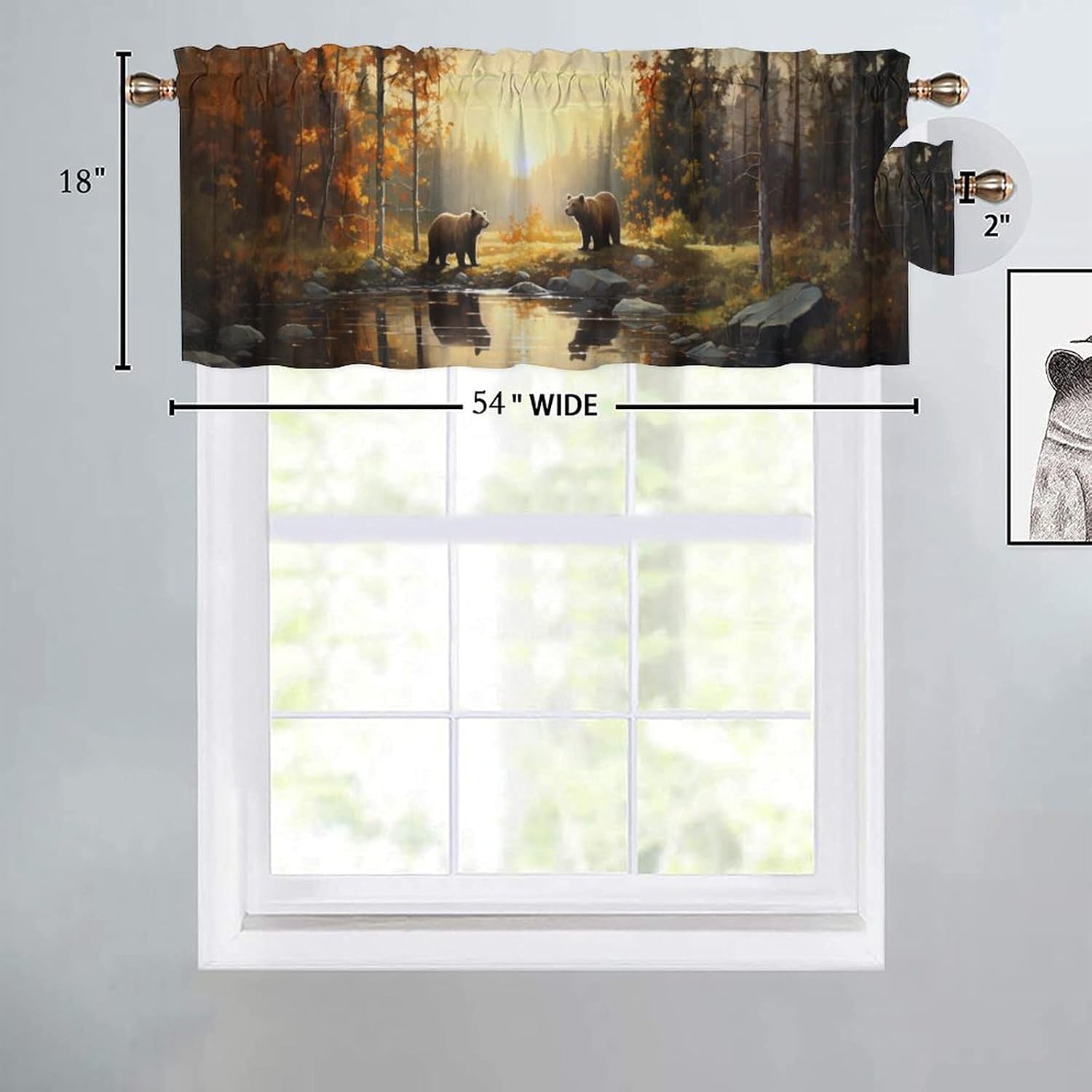 Rustic Cabin Bear Rod Pocket Valances for Kitchen Woodland Hunting Country Wildlife Animals Window Treatment for Living Room Bedroom Bathroom 54 by 18 in, 2 Panel