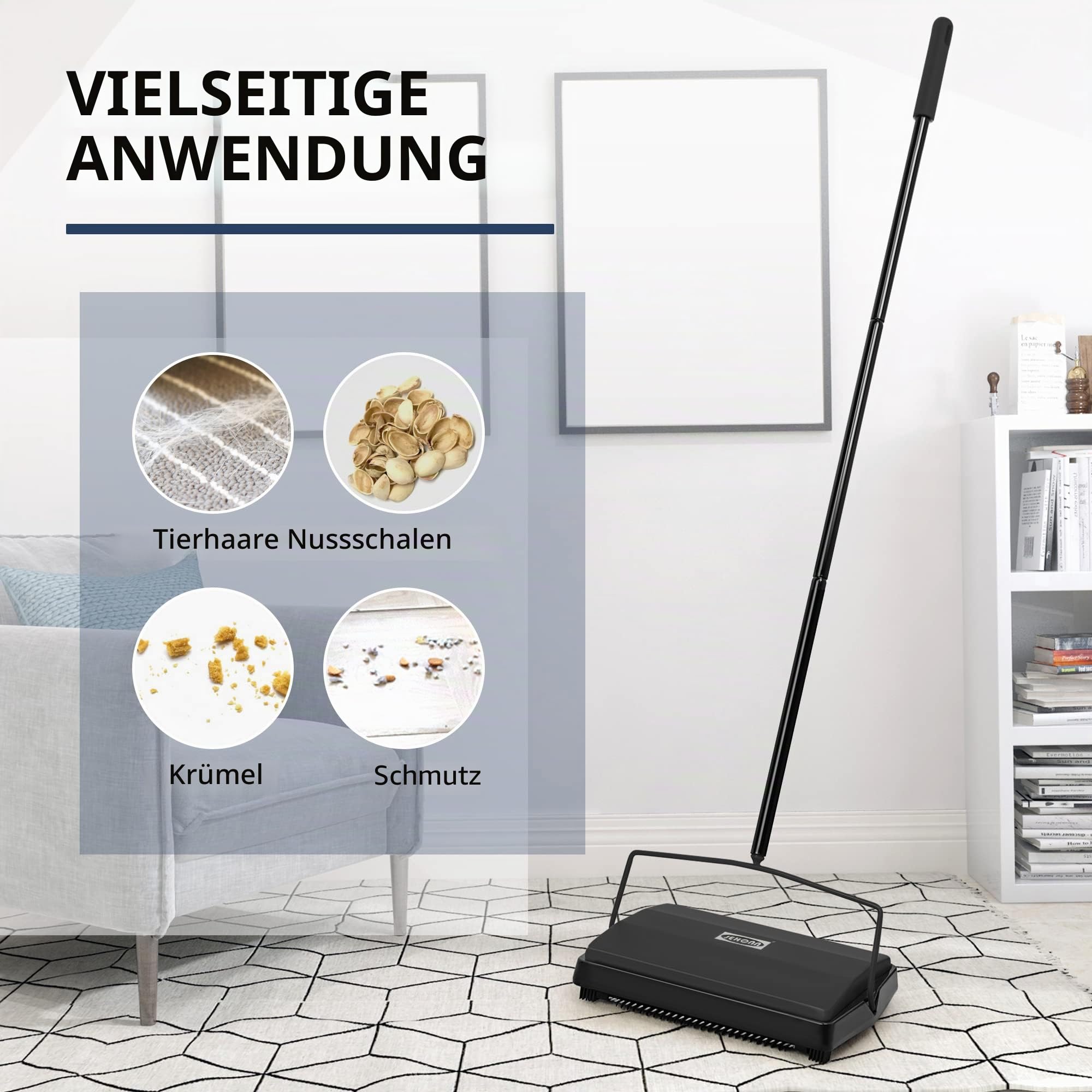 JEHONN Teppichkehrer Ohne Strom mit Rosshaar, Leicht und Kompakt Staubsauger Teppichroller für Haustierhaare, Kleine Schmutzpartikel (Schwarz)