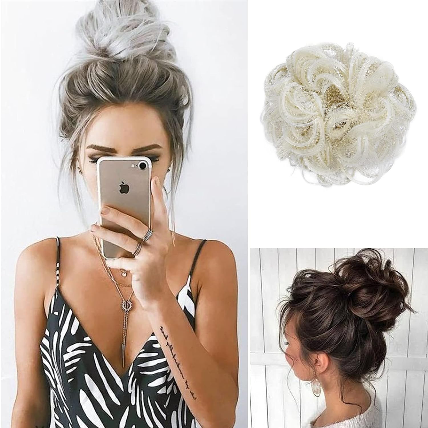 SEIKEA Messy Bun Hair Piece Tousled Thick Updo Hair Scrunchies Hair Extensions Curly Wavy Ponytail Hairpieces with Elastic Rubber Band Hair Accessories 1PCS Color Lightest Blonde