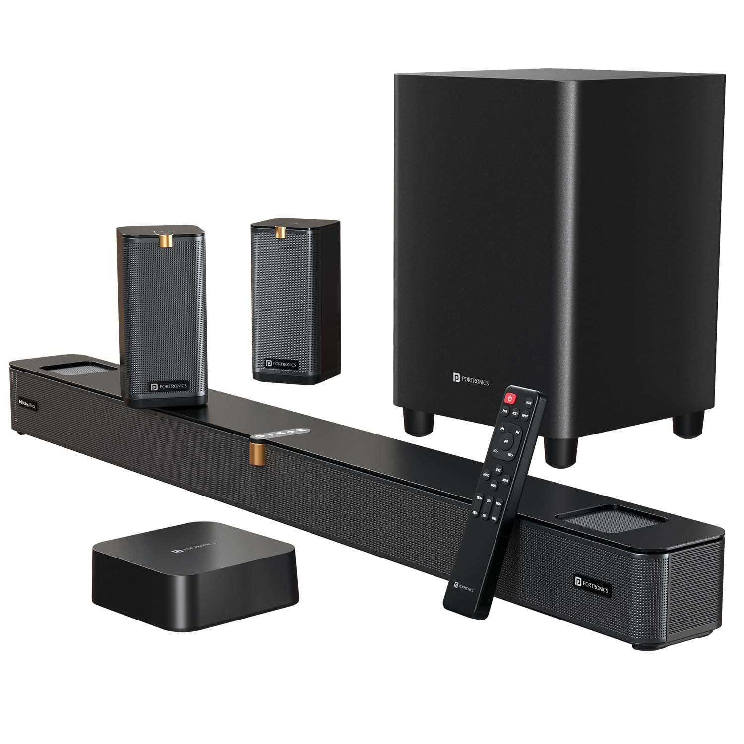 Portronics 600W Sound Slick X1 5.1.2 CH Dolby Atmos Soundbar Home Theatre with Wireless Satellite Speaker, Wired Subwoofer, Wide Comptability, HDMI ARC, Bluetooth & Optical Connectivity (Black)-image-37