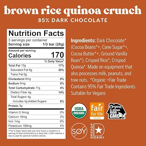 Miniatura 2 de Theo Organic Fairtrade Black Rice Quinoa Crunch 85% Dark Chocolate Bar, Vegan, 3-oz (Pack de 6)