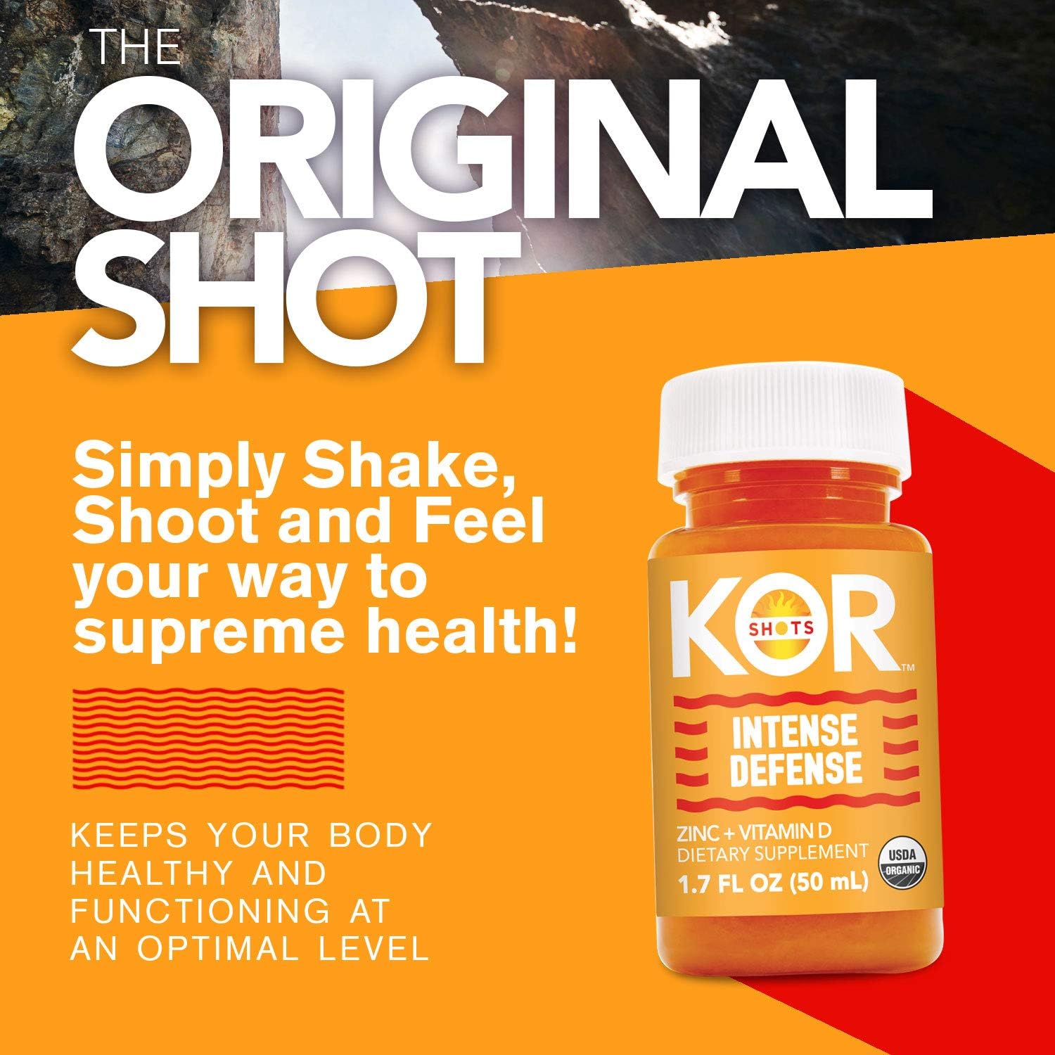 KOR Shots Vitamin D & Zinc Shot - 1.7 Fl Oz - Intense Defense - 100% DV of Zinc and 235% DV of Vitamin D- USDA Certified Organic
