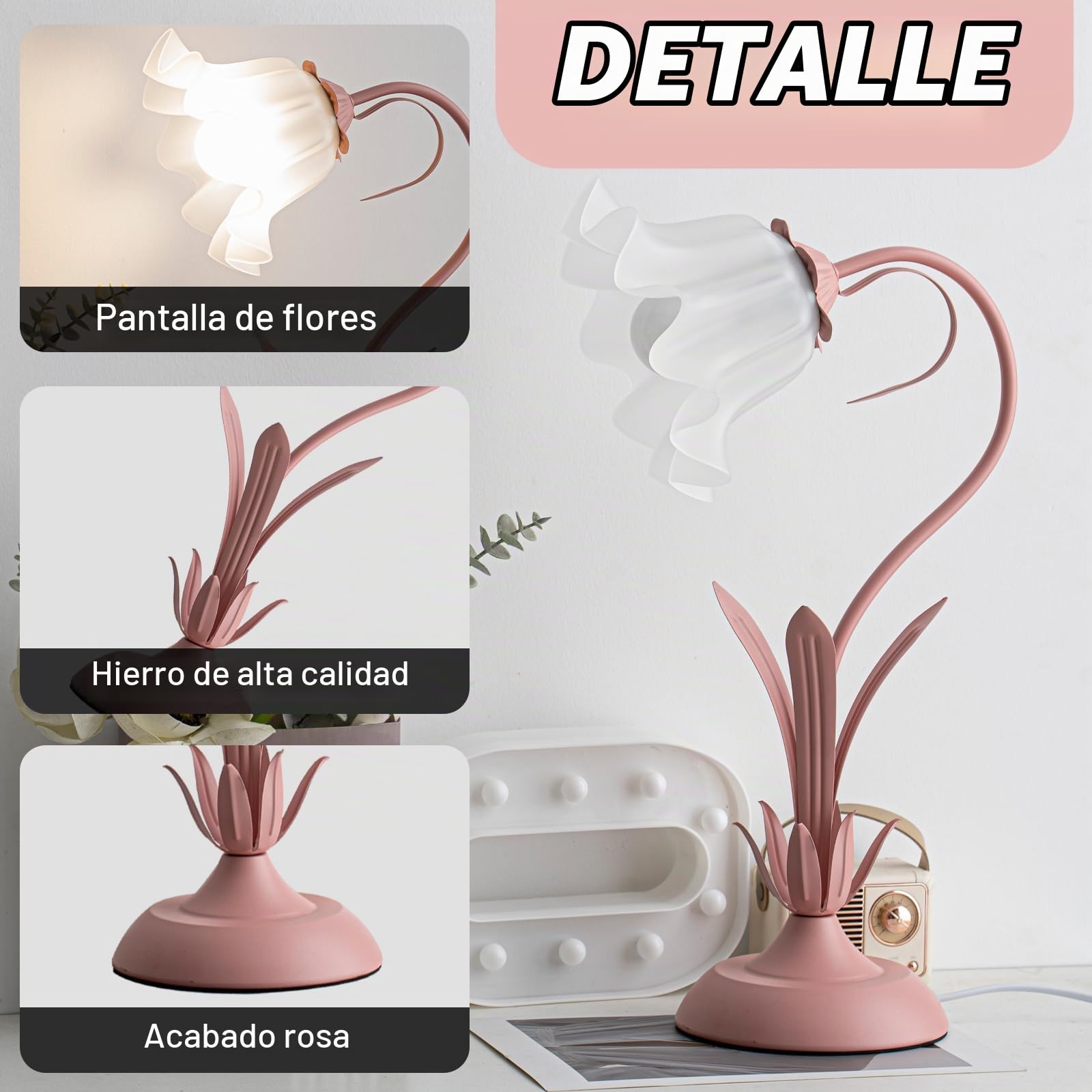 Rosa Lamparas De Mesita De Noche,IluminacióN De Tres Tonos Lampara Escritorio Pantalla AcríLica Con Lirio Del Valle,Lampara De Mesa Perfecto Para Chica Dormitorio,Cabecera,Estudio,Regalo