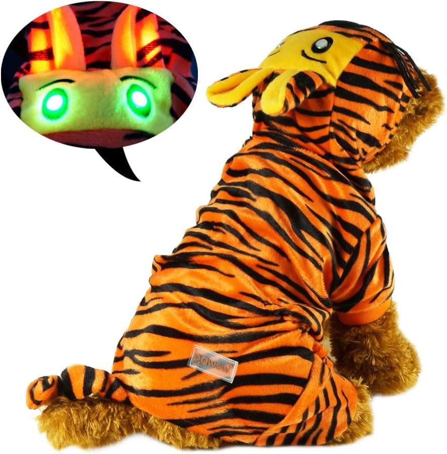 Pawow LED Light up The Tiger Dog Costume Puppy Pet Hoodie Jumpsuit Clothes Size, Large (Chest 23-24")