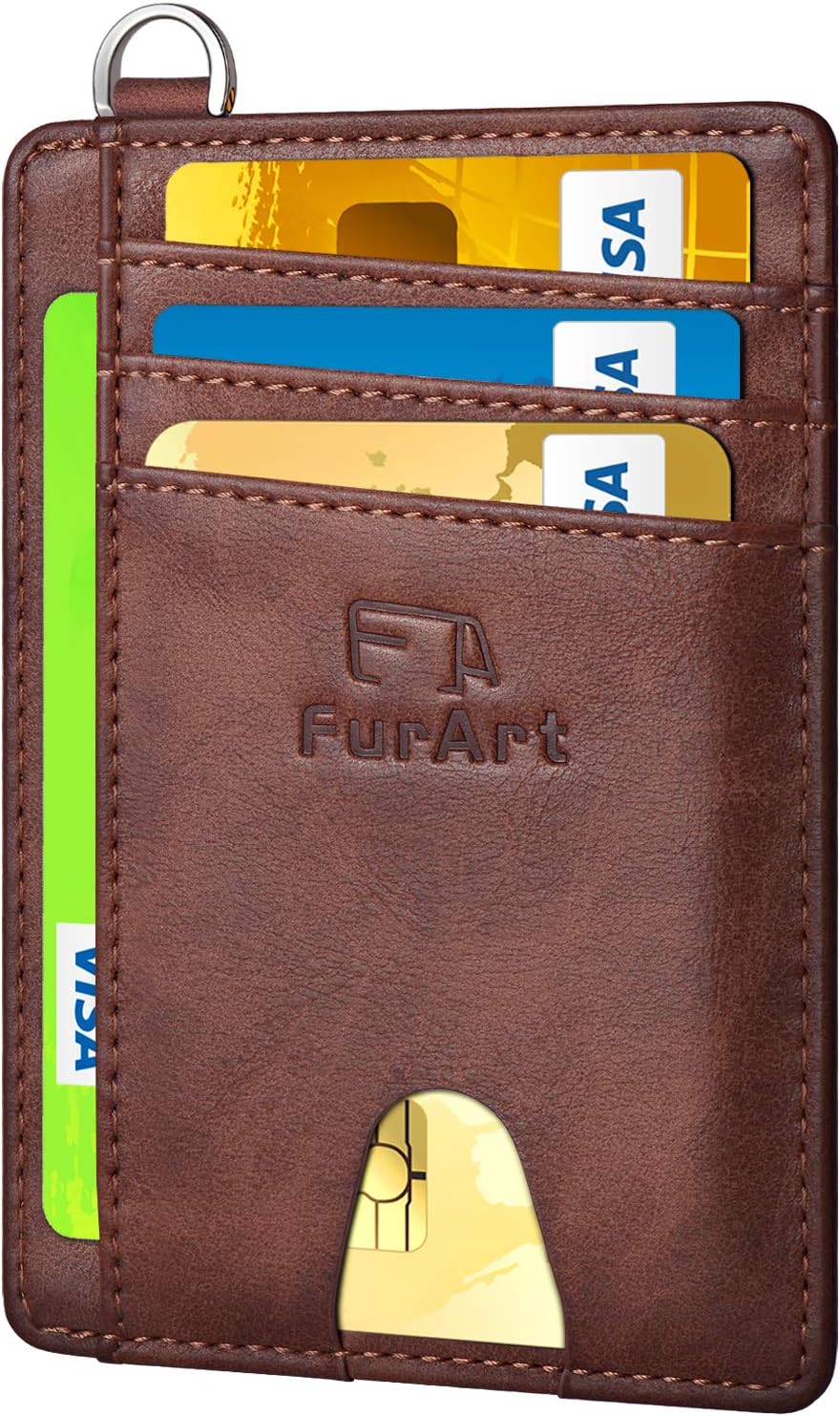 FurArt Slim Minimalist Wallet, Genuine Leather Credit Card Holder, RFID Blocking, Front Pocket Wallets with Removable D-Shackle for Men Women