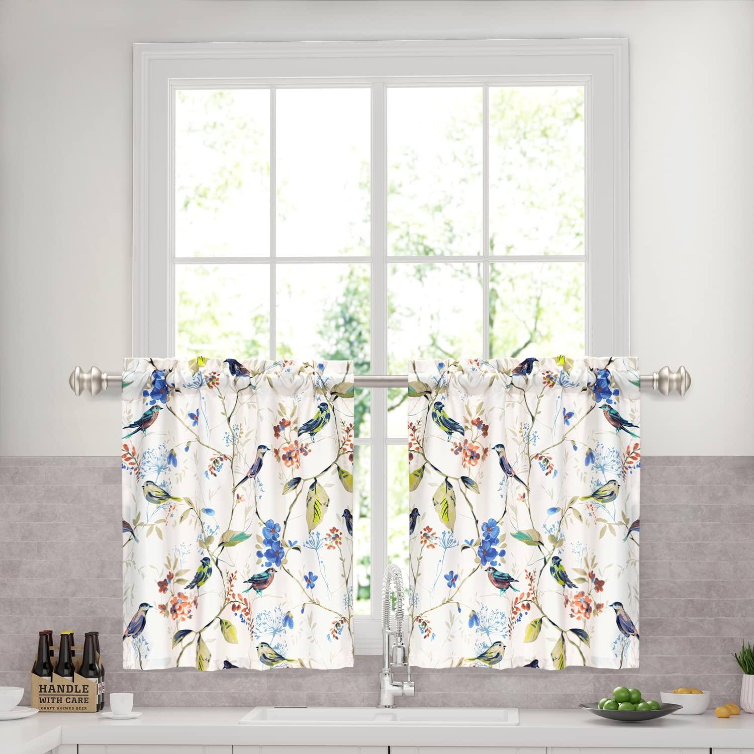 Pocass Set of 2 Birds Flower Kitchen Curtains, Bird Floral Tier Curtains 24 Inch Length, Rod Pocket Curtains for Cafe, Bathroom, 26"W x 24"L, Blue